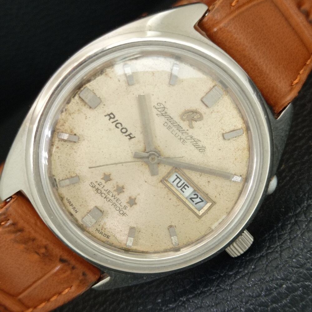 Vintage 1973 Ricoh Automatic Mens Silver Watch W/daydate & White accents